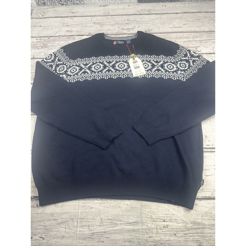 NWT Chaps Sweater Men's American Navy & White Crewneck Pullover Knit  Size 2XL